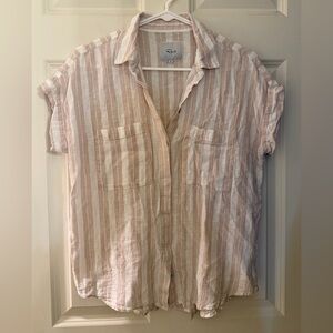 Rails Cito Linen Blend Striped Button Down Short Sleeve Top, White/Tan, Small